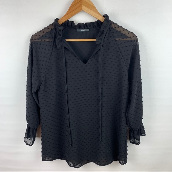 West Kei Black Swiss Dot Bracelet Sleeve Blouse - Picture 2 of 8